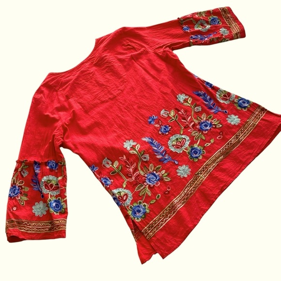 CALESSA Red Cotton Tunic Top Plus Size 1X Boho Embroidered Floral  V-neck Summer - Picture 9 of 14